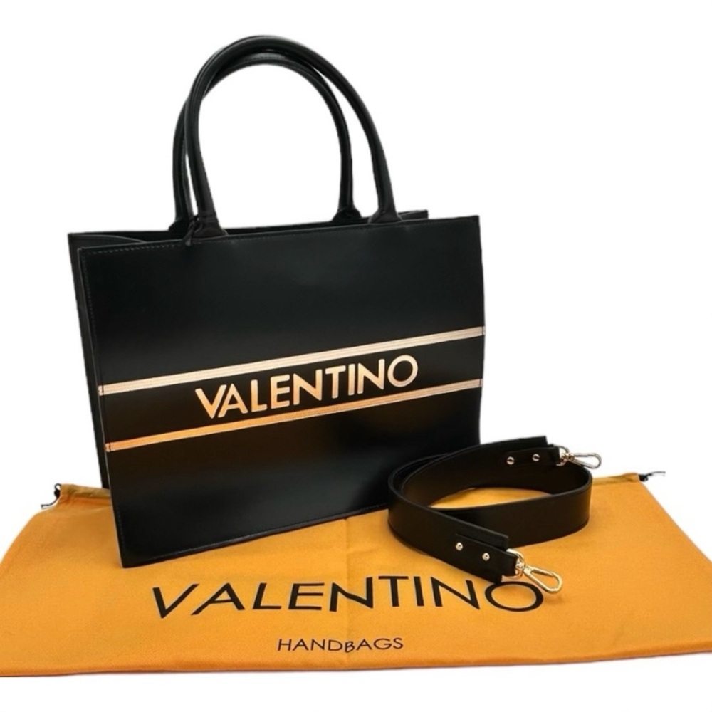 Valentino - Victoria Lavoro Black Leather & Gold Logo Bag